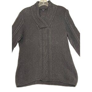 Nautica Charcoal-Grey Cable Knit Sweater Women Size L Long Sleeve Shawl Fisherma